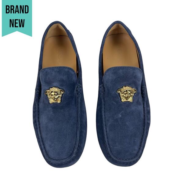 Versace La Medusa Suede Driver Loafers Moccasins Navy Blue Size 42 - Picture 2 of 12